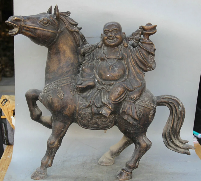 

150401 S1209 25" Chinese Buddhism Bronze Money Seat Horse Happy Laugh Maitreya Buddha Statue