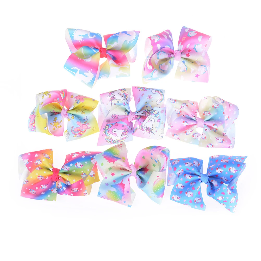 2018 Fashion Boutique 8" Cute Unicorn Print Ribbon Bow Hairpins Solid Rainbow Color Bowknot Gemstone Hair Clips Headware