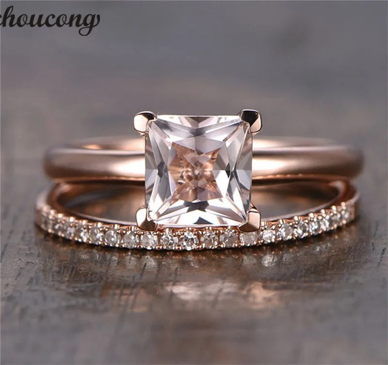 

choucong Princess cut Ring set Rose Gold Filled 1ct Zircon cz Anniversary Wedding Band Rings For Women Finger Jewelry Gift