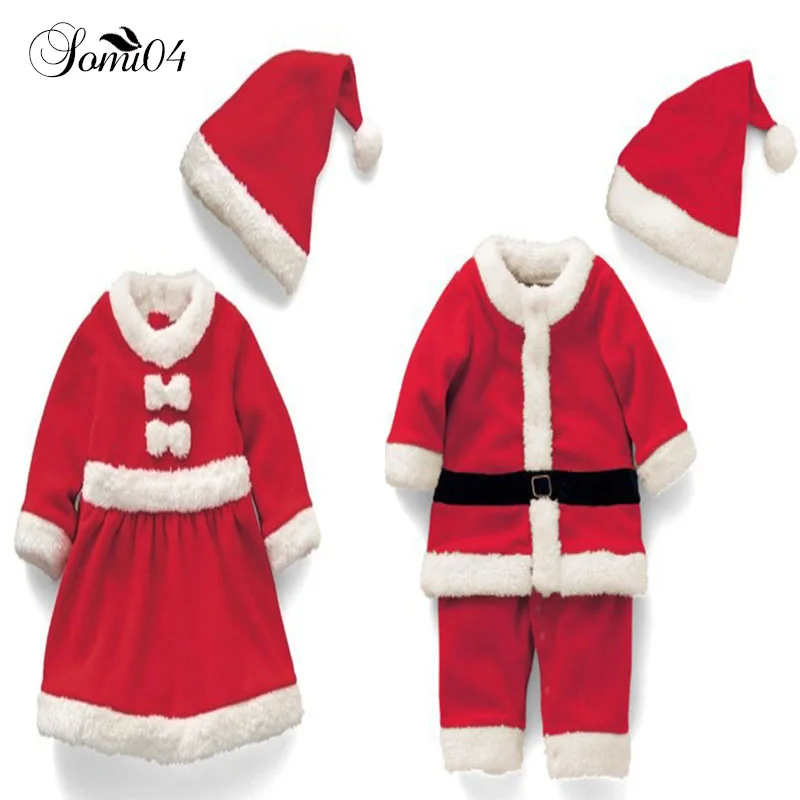 

2018 Children Christmas Clothing Set 12M-3T Baby Boys Suit Toddler Girls Dresses Santa Claus Costumes Warm Clothes Gift Red Caps