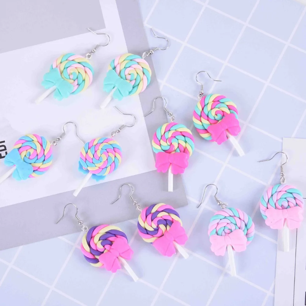 

Rainbow Swirl Polymer Clay Food Earring Cute Lollipop Earrings Delicious Candy Bowknot Earrings Trendy Woman Girl Jewelry Brinco