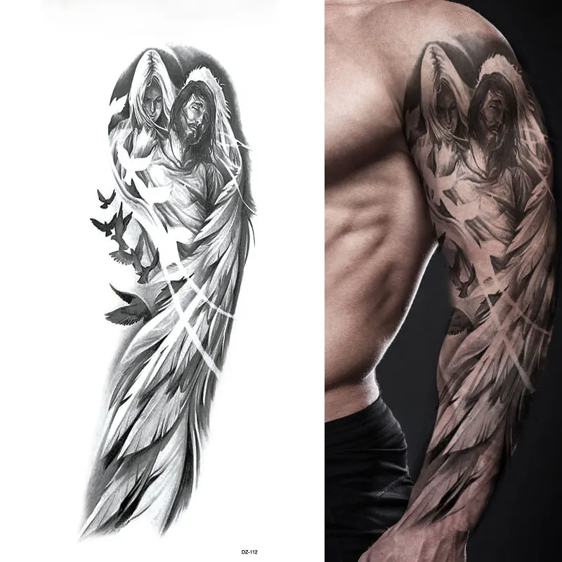 Большая полная рука татуировки Лев корона король Роза водонепроницаемые Временные татуировки наклейка дикий волк тигр мужской череп-Тотем татуировка - Цвет: DZ112