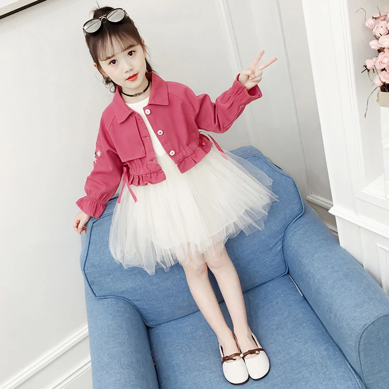 

Autumn Spring Fashion Girls Clothing Sets Cotton Long Sleeve Dress + Denim Jackets Outfit Girls Fashion Suit Kids Clothes LZ142