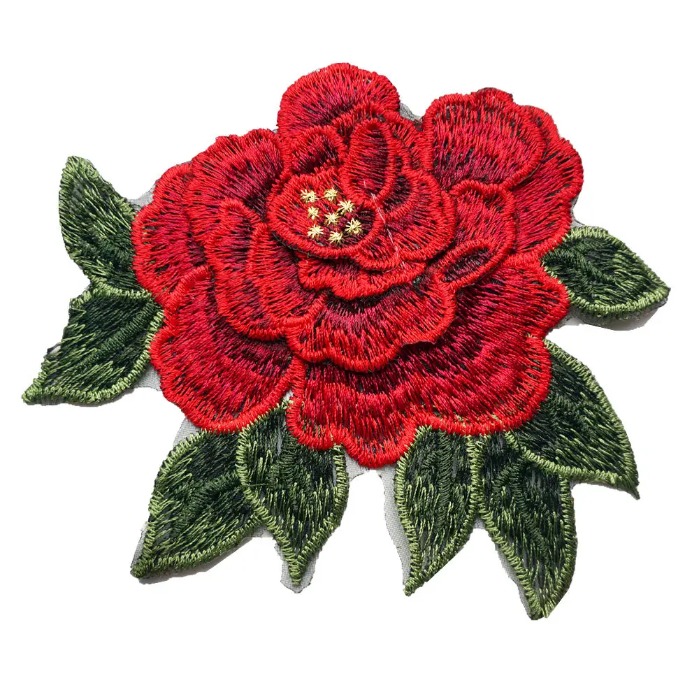Red Rose Leaves 3D Flowers Embroidered Fabric Appliques Mesh Trimmings Sew On Patches For Wedding Bride Dress DIY Decoration | Дом и сад
