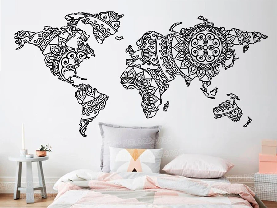 

Large Mandala World Map Vinyl Wall Sticker Stylish Artistic Decals Decor Home Living Room Studio Removable Art Murals X114