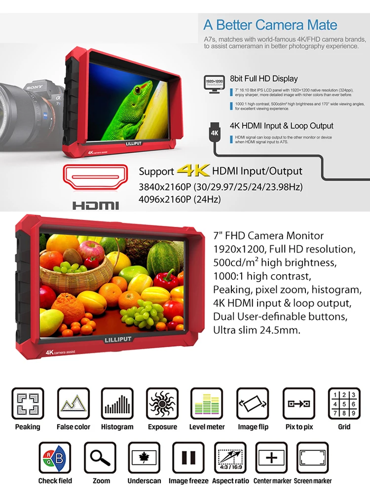 LILLIPUT A7S " ультра тонкий ips Full HD 1920*1200 4K HDMI накамерный видео полевой монитор для Canon Nikon sony DSLR видеокамера