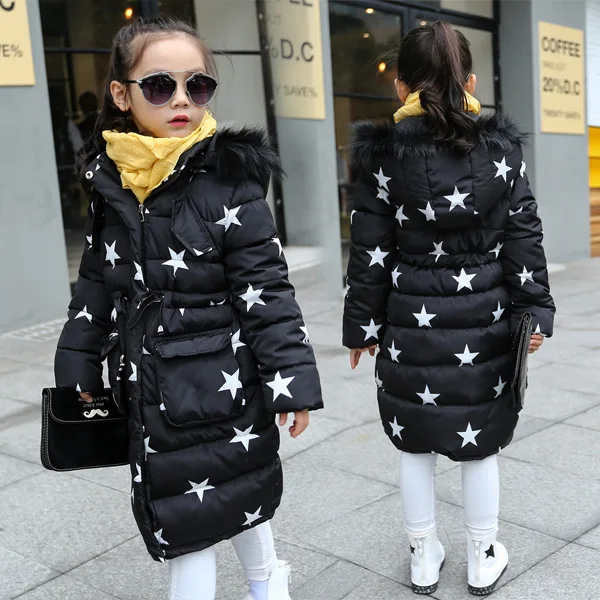 Зимняя толстая парка для детей брендовая длинная куртка с капюшоном с 5 звездами для девочек 5-14 лет детская верхняя одежда