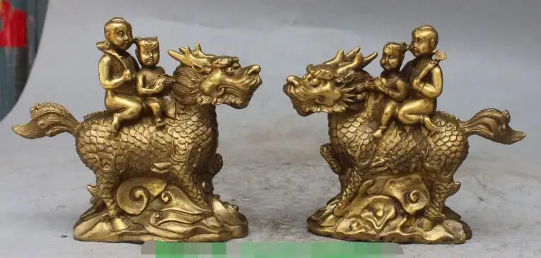 

S01471 6" Chinese Bronze Tongzi Kid Hold Ruyi On Dragon Kylin Unicorn Chi-lin Pair