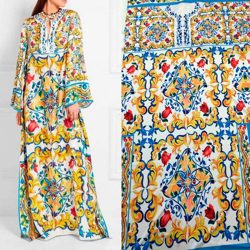 

207X145cm Fashion Week Located China Ceramics Painting Majolica Prints Imitate Silk Satin Fabric for Woman Long Dresses