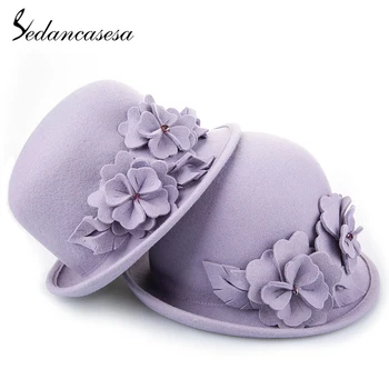 

Sedancasesa 100% Wool Cap Winter Girls Child Beanies Cloche Hats Curl Brim Handmade Flowers Women Warm Floppy Ladies Fedoras