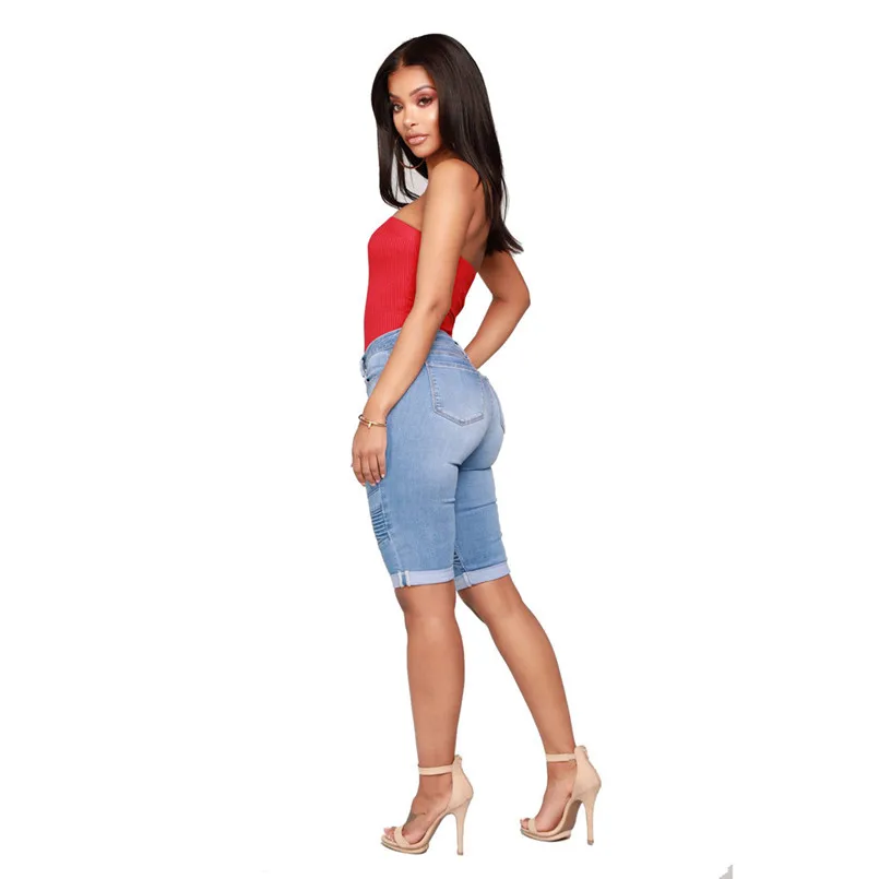 New Women Summer Mid Rise Elastic Zip Skinny Denim Knee Length Curvy Stretch Solid Jeans Fashion Vintage Shorts Jeans #4R09 (9)
