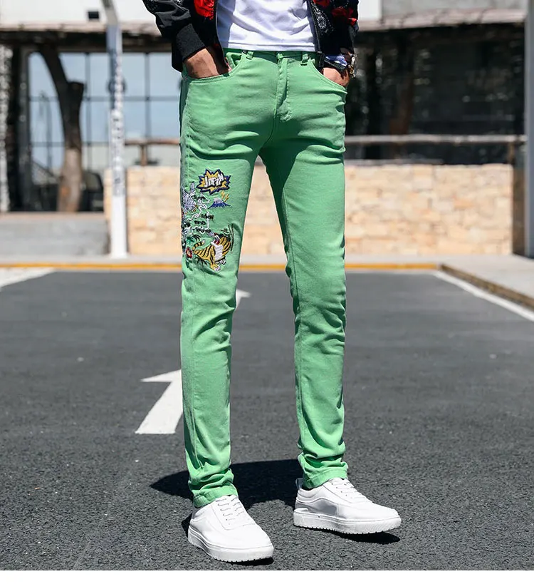 Модная уличная одежда, мужские джинсы, облегающие, розовый, желтый, зеленый цвет, эластичные штаны в стиле панк, джинсы в стиле хип-хоп, мужские джинсовые брюки с вышивкой