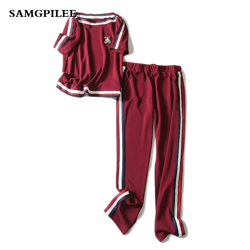 

2019 Limited Cotton Polyester New Summer Short Sleeve Casual Pullover Slash Neck Fashion Elastic Waist Striped Length Women Set