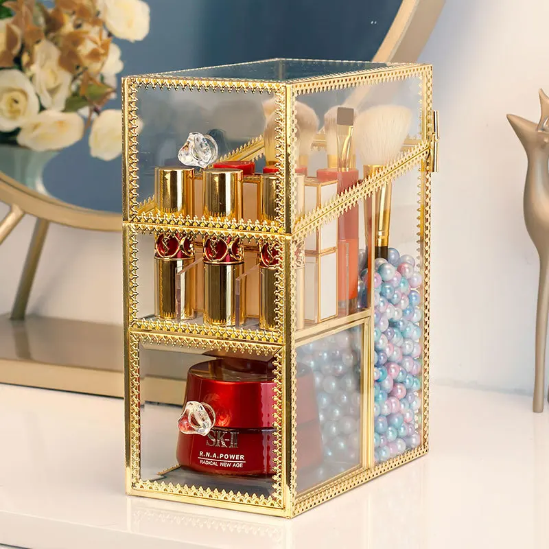 

Retro Copper Edge Transparent Glass Dust Proof With Lid Makeup Pen Drawer Organizer Desktop finishing Storage Box