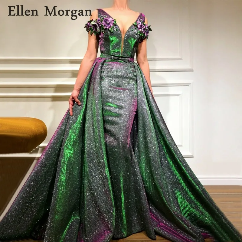 

Saudi Arabia Shiny Mermaid Evening Dresses 2019 Dubai Kaftan V Neck Floor Length Detachable Skirt Party Gowns for Women Wear