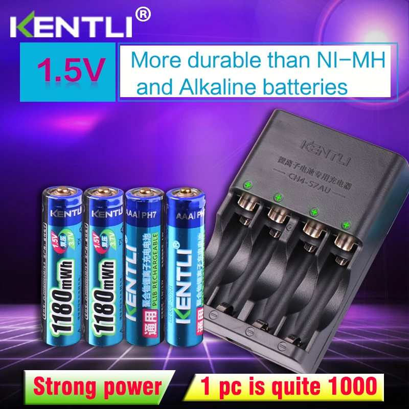 KENTLI 4pcs 1.5v aaa 1180mWh Rechargeable Li ion Li polymer Lithium battery + 4 slots AA AAA