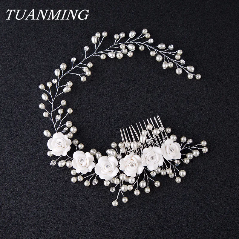 

Handmade Hair Combs Bridal Floral Headband Women Pearl Hairband Bridal Tiara Wedding Accessories Hair Ornaments