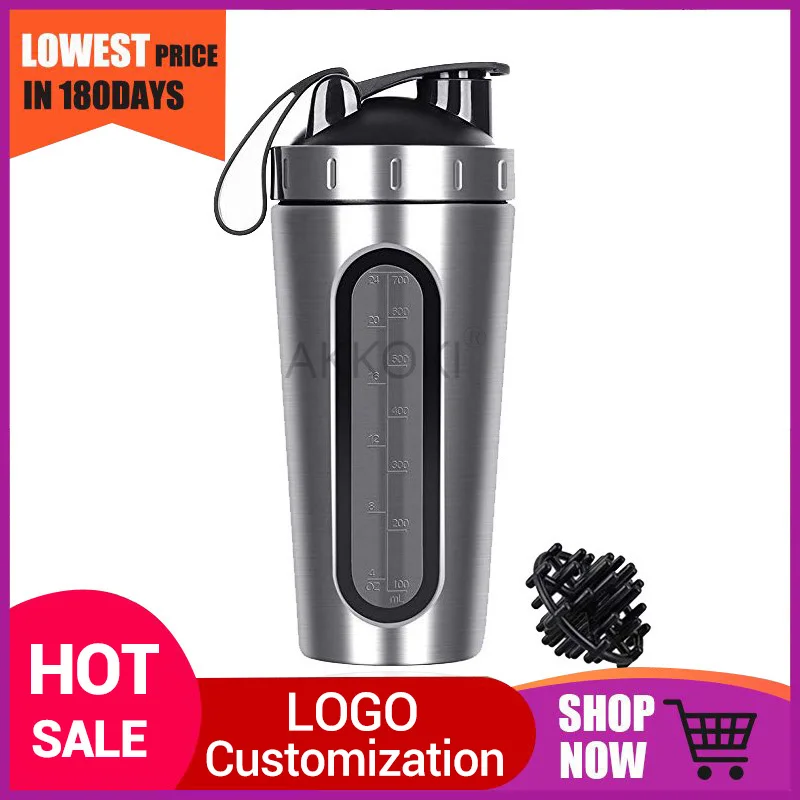 28 oz 700 مللي الفولاذ المقاوم للصدأ البروتين شاكر زجاجة الرياضة آمنة خلاط المياه زجاجة شاكر كوب مع مرئية نافذة الترمس