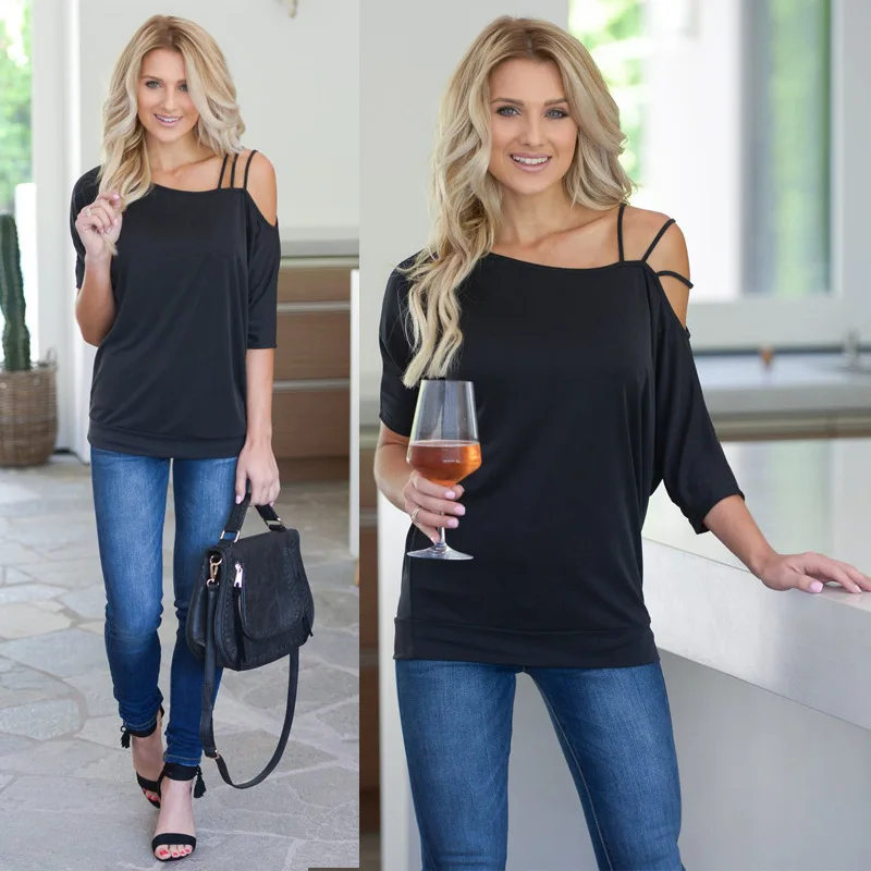 Loose Casual Short T-Shirts Women One Shoulder Off Sexy Cotton T-Shirt Short Sleeve 2019 Summer New