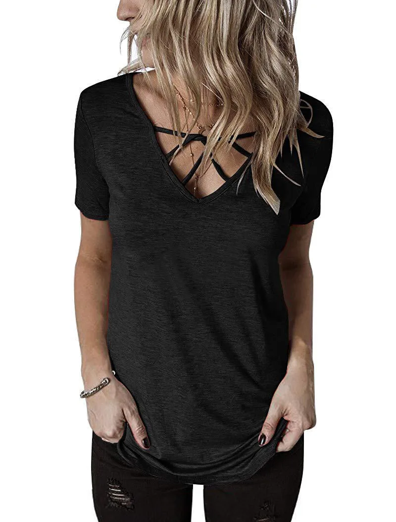 

2019 new style women Short sleeve T-shirt with sexy bare back tie and round collar Female long Sexy T-shirt