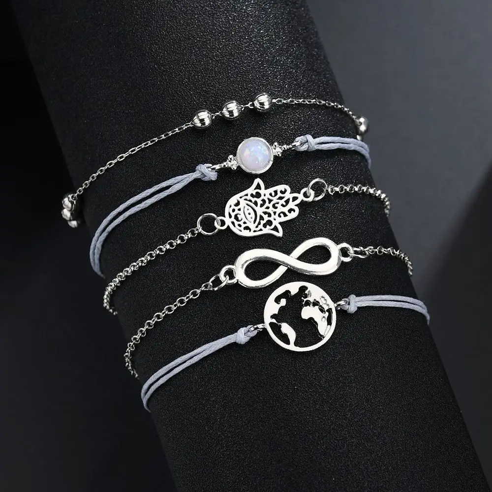 Terreau Kathy 5 Pcs Set Punk Retro Palm Map Digital Bead Gem Silver