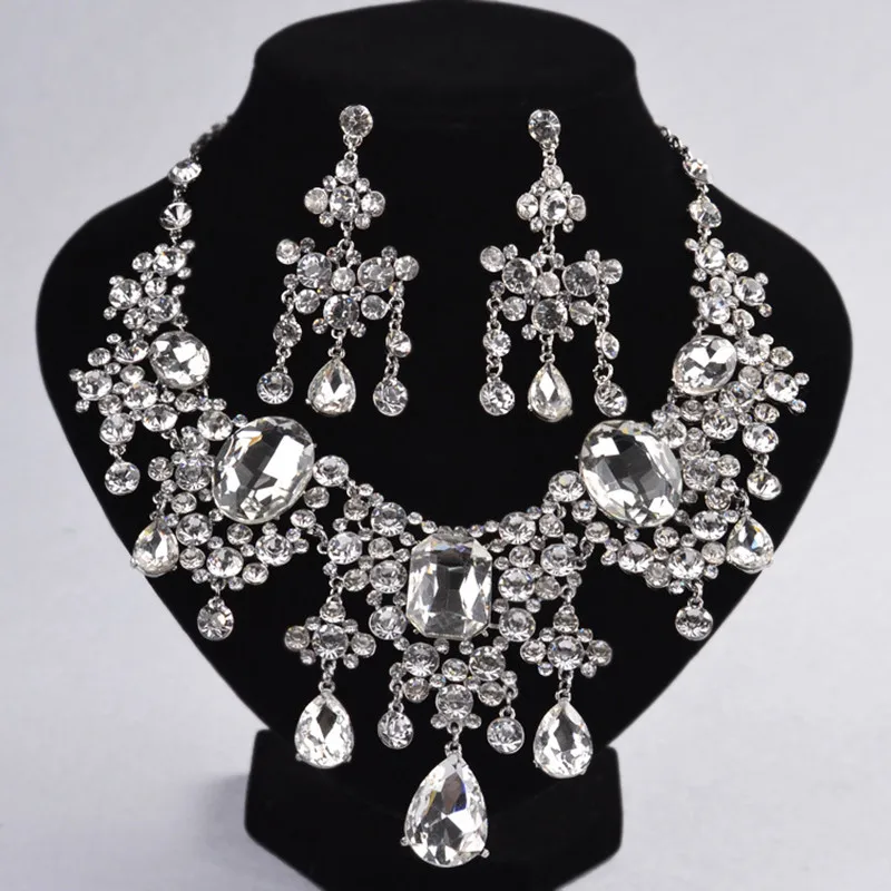 2017 Gorgeous Water Drop Big Rhinestones Crystal Earrings Necklace Jewelry Set Wedding Jewelry Accessories Made in China