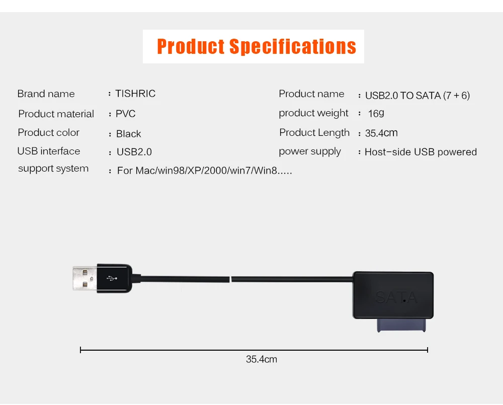 Tishric USB 2,0 до 7+ 6 13Pin SATA кабель со светодиодный для ODD CD-ROM DVD-ROM 2-го HDD Caddy Drive Adapter поколения lll