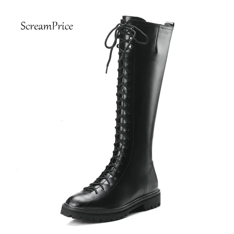 

Women Genuine Leather Comfort Low Heel Martin Boots Fashion Zipper Round Toe Winter Knee High Boots Black