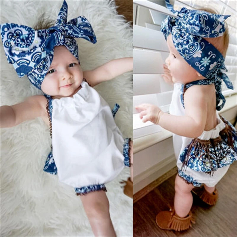 Babies Girl Floral Halter Tassel Bodysuit Newborn Baby Girls Sleeveless