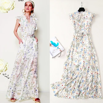 

New Fresh and Fragmented Printed Long with Lotus Leaf Side Receiving Waist Holiday Dress Temperament