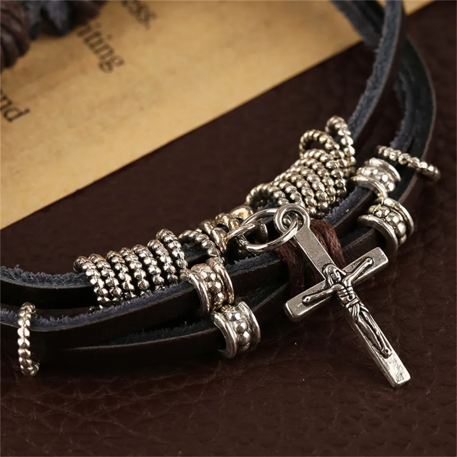 Punk Style Cool Cross Multilayer Women Men Bracelets Vintage Hand-woven Stylish Jewelry Fashion Charm Leather Bangle (2)