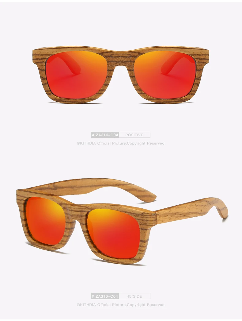 Kithdia Природный Зебра поляризованные деревянные очки синие линзы солнцезащитные очки ручной работы и Поддержка DropShipping/предоставить фотографии# KD015 - Цвет линз: Red