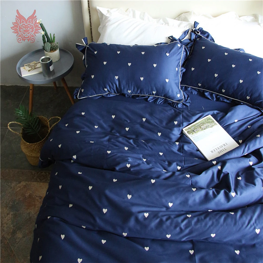 

Korean style 60S Cotton tribute silk bedding set lovely heart embroidery red blue Apricot duvet cover set jogo de cama SP5546