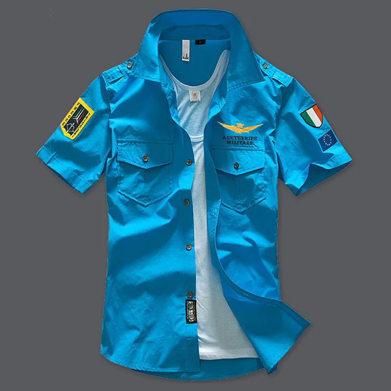Мужские рубашки из хлопка с вышивкой ВВС MA1, мужские рубашки с коротким рукавом, летние рубашки армейского зеленого цвета - Цвет: Синий
