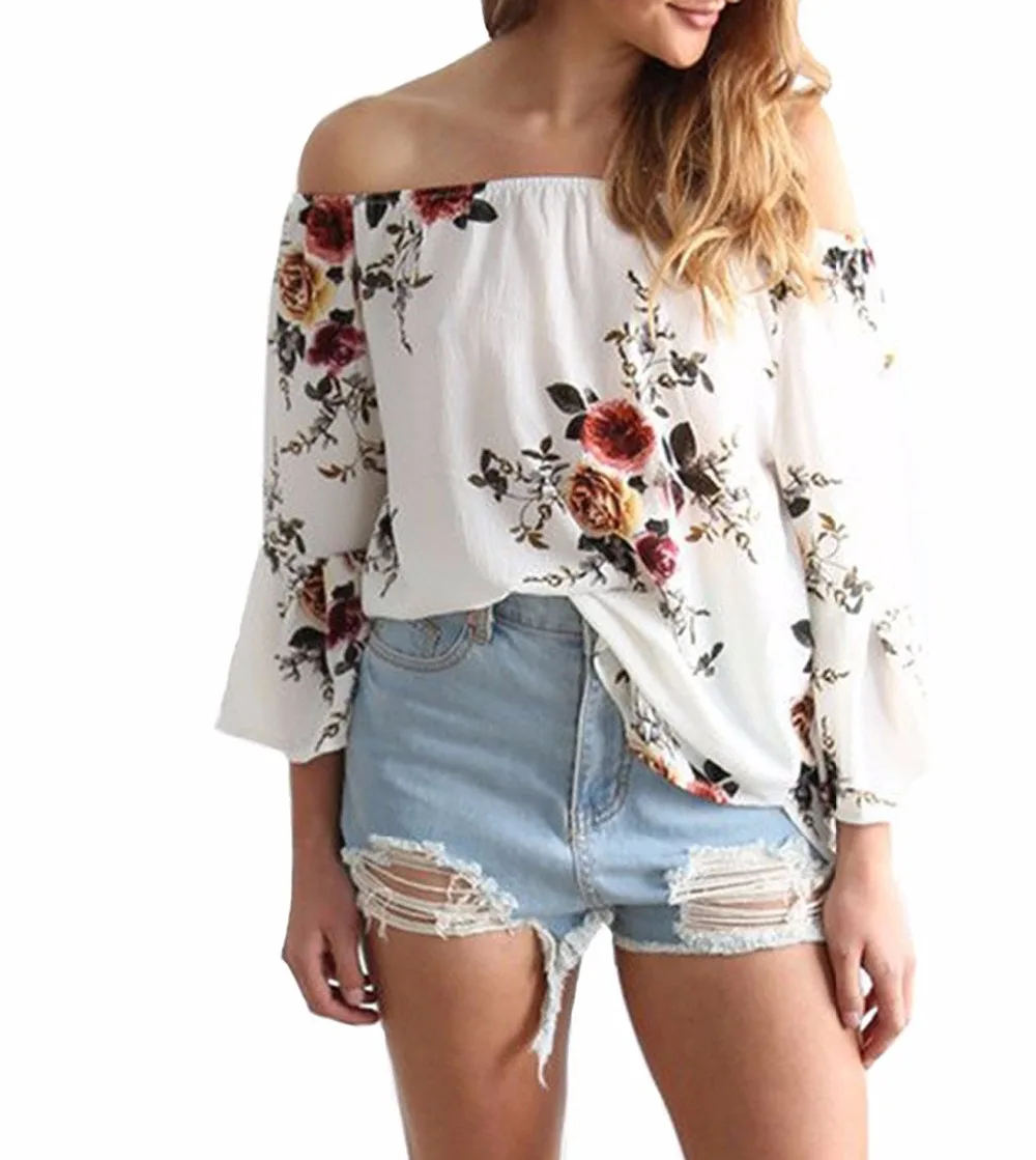 

Women Blouse Shirts Slash Neck Tops Floral Off The Shoulder Casual Blouses Plus Size Blusa Blusas Mujer De Moda 2018
