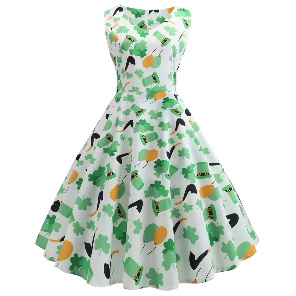 

Summer round neck short-sleeved dress casual Patrick's Day Women's Clover Sleeveless Evening Print Party Prom Swing Dress