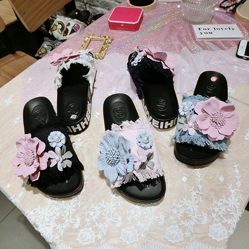 ASILETO/обувь из джинсовой ткани; женские Вьетнамки с цветочным принтом; пляжные шлепанцы; Босоножки на платформе; женская летняя обувь; джинсовые шлепанцы; pantoufle