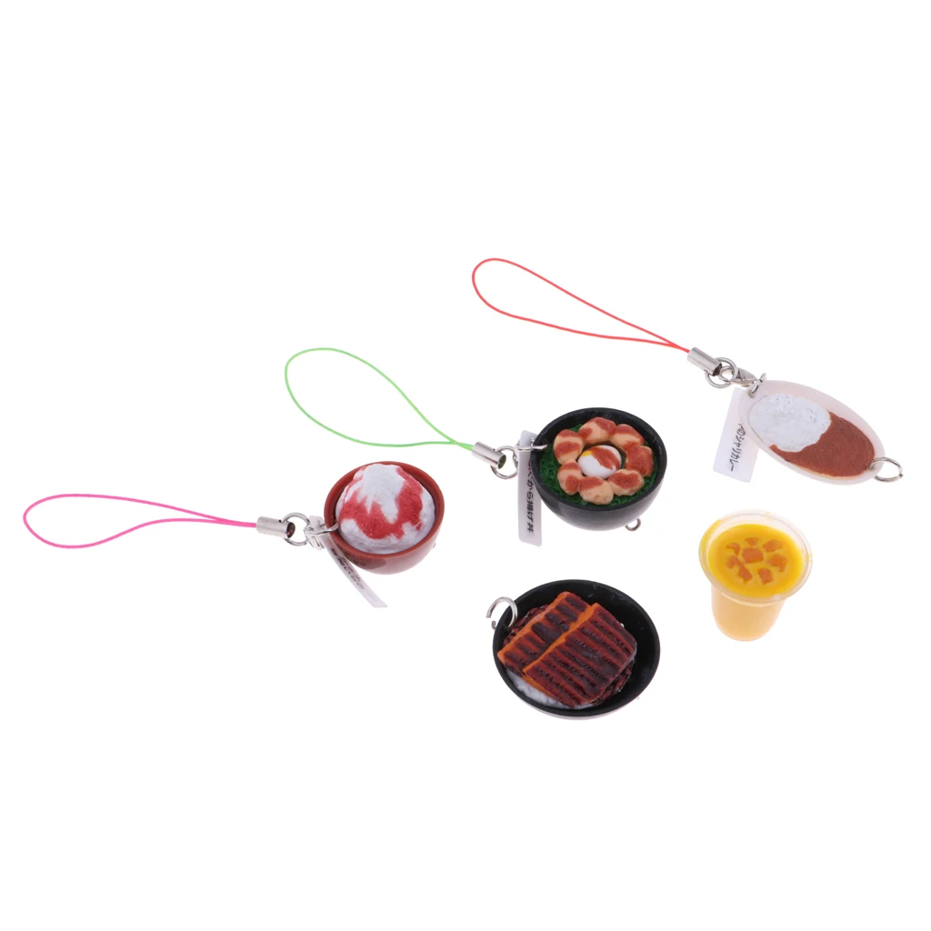  5Pcs 1/6 Dolls House Miniatures Kitchen Dining Table Decor Food Set Fruit Juice Ice Cream Meatball Steak Keychain