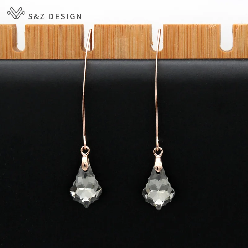S&Z DESIGN New 585 Rose Gold Color Long Colorful Water Drop Crystal Dangle Earrings For Women Wedding Fashion Party Gift