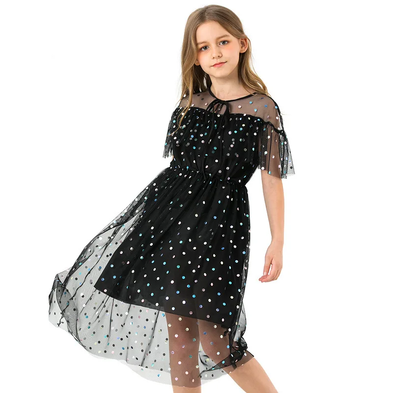

Sequins Mesh Party Dress for Girls 6 8 10 12 years New Summer 2019 Mesh Sweet Dot Ball Gown Teenage Girls Clothing