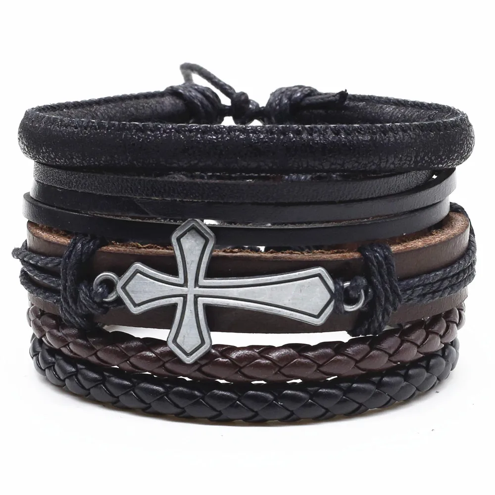

Cross Punk Brown Black Beads Women Round Rudder Charm Weave Wrap Chain Leather Love Men Bracelets Homme Female Jewelry 4 Pcs/set