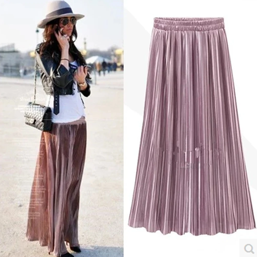 Ladies Womens Long Pleated Skirt Elastic Waist Double Layer A Line Skirt Pure Color Boho Vintage