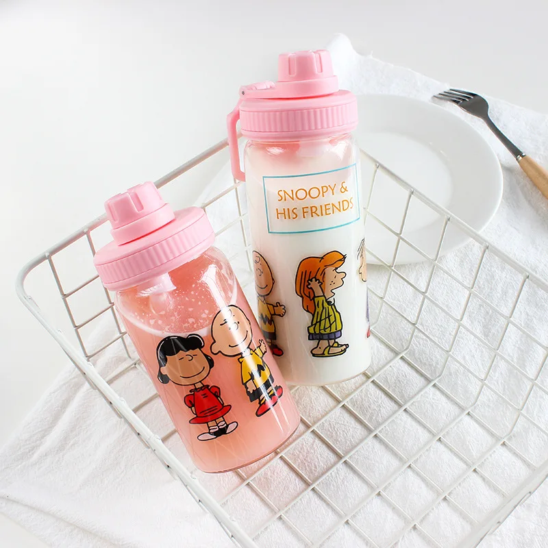 Glass Water Bottle With Straw Milk Breakfast Glass Bottle with Cover Cartoon Bottle Transparent Glass Bottle