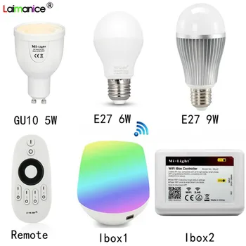 

5w 6W 9W GU10 E27 Milight LED Dual white bulb lamp CCT AC85-265V & 2.4G 4 Zone Remote control dimmer&wifi ibox app controller