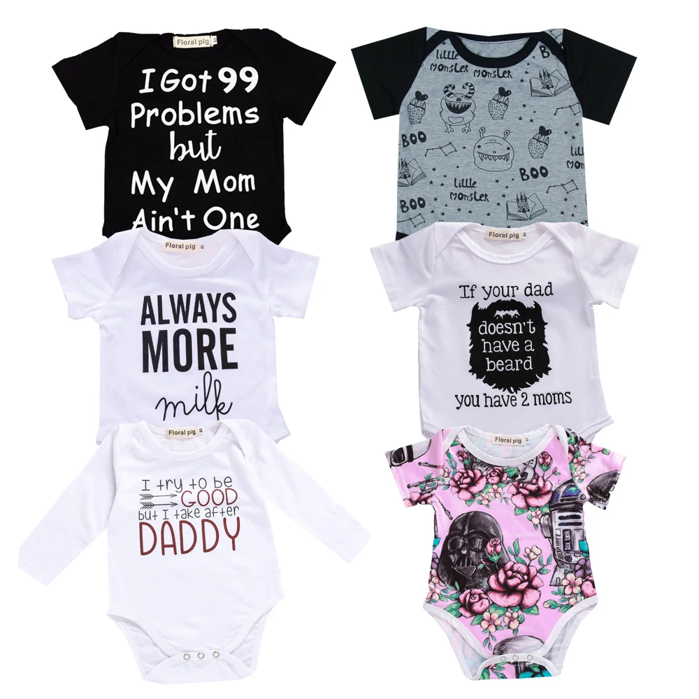 Baby Clothes Toddler Infants Baby Bodysuit Milk Mom Daddy Monster White Short Sleeve Tiny Cottons Baby Girl Boys Baby Onesie