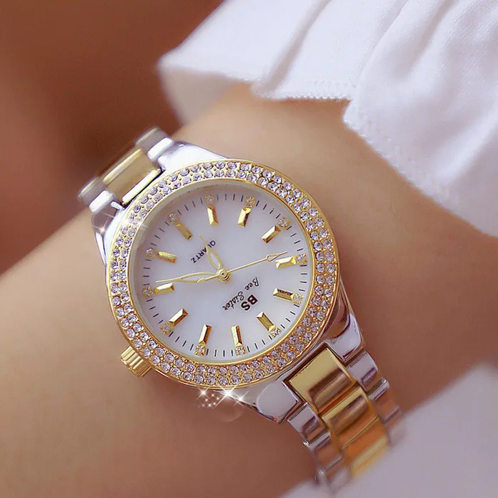 Роскошные Брендовые женские часы с кристаллами, женские модельные часы с бриллиантами, модные кварцевые часы из розового золота, женские наручные часы из нержавеющей стали - Цвет: Gold Silver