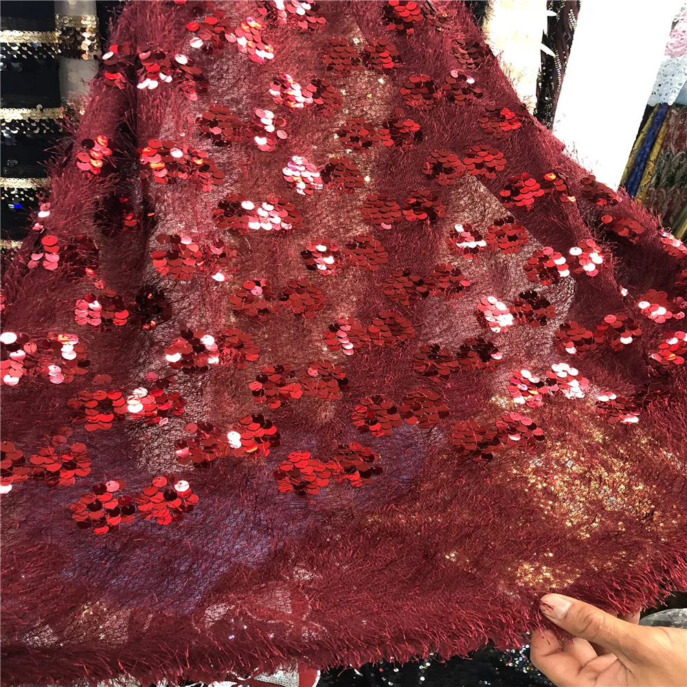 

French Net Lace Fabric 2018 Latest african guipure lace fabric with embroidery mesh tulle Red wine cord Sequins lace fabric F17