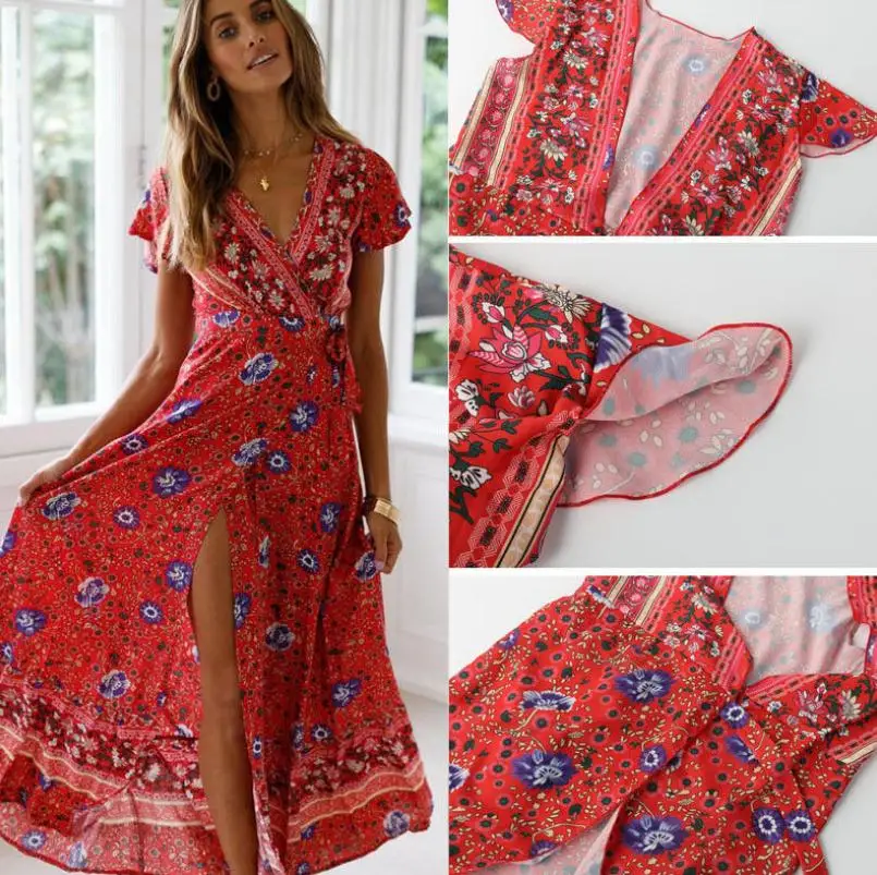 

Popular Summer Women Boho Short Long Dress Summer Beach Hot Cocktail Party Sexy Floral Sundress