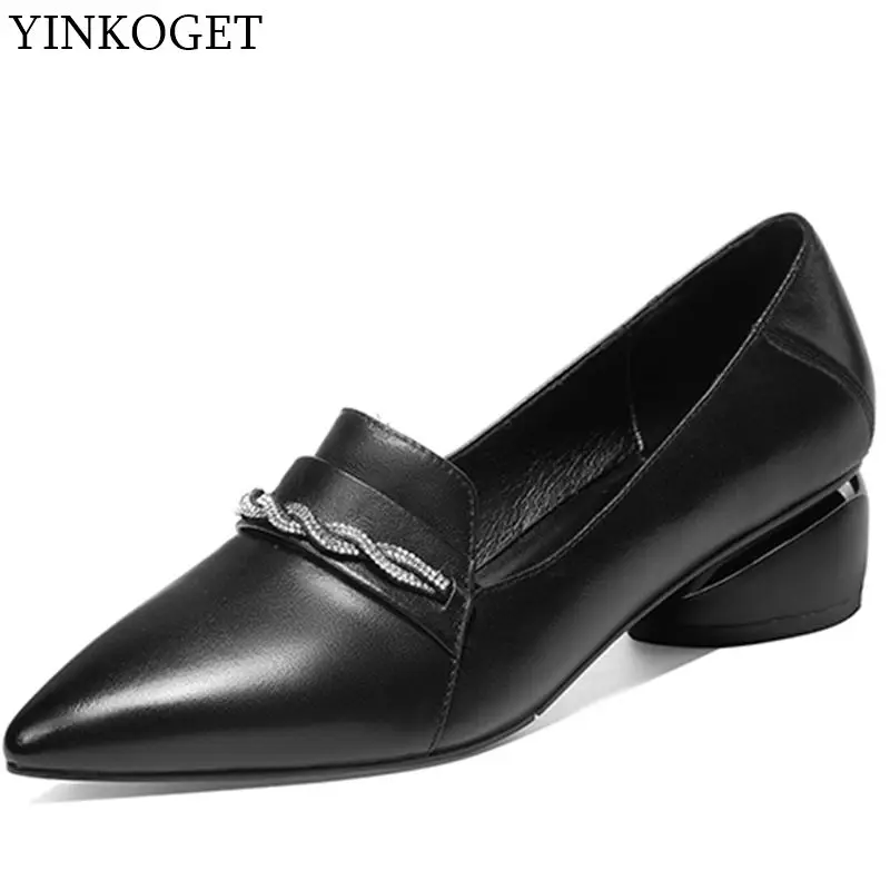 YINKOGET/удобные женские туфли из мягкой натуральной кожи на толстом каблуке для