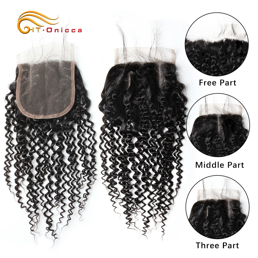 Onicca индийские кудрявые кружева закрытие натуральный цвет 4 x4 свободный Средний три части с Bady волосы не Реми человеческие волосы закрытие